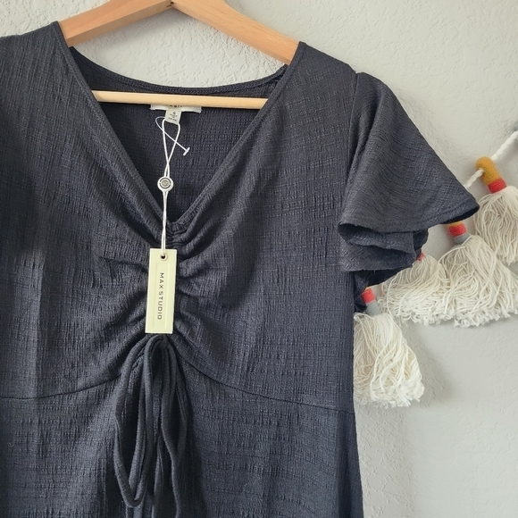 Max Studio Cinched Front Flutter Sleeve Midi Dress Black Minimalist Casual NWT S - Picture 6 of 12